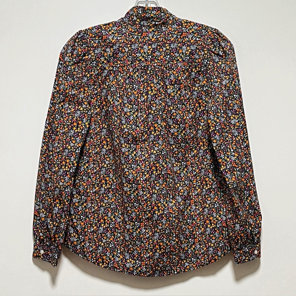 J Crew multi-color Micro Floral Bow Tie-Neck Button Front long-sleeved retro Top - Picture 4 of 7